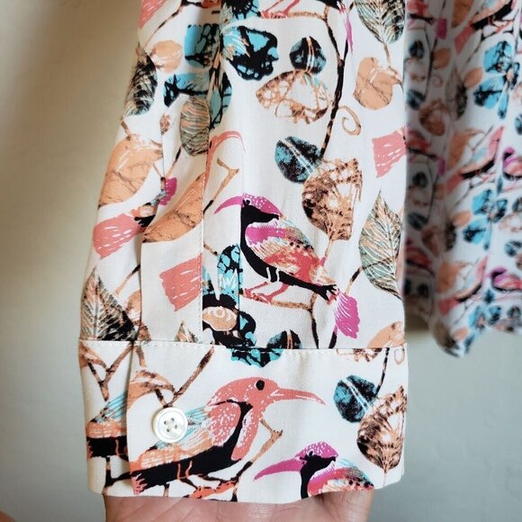 Talbots Floral Bird Button Front Tunic Top Roll Tab Sleeves Multi Size Womens 2X - Picture 7 of 11
